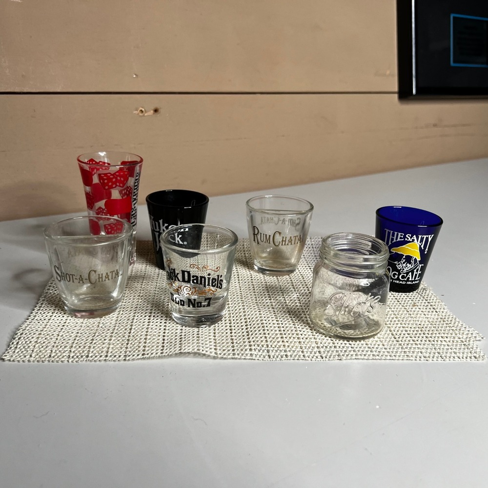 Lot of 7 Mixed Shot Glasses Jack Daniels RumChata Yukon‎ Jack Salty Dog Vegas
